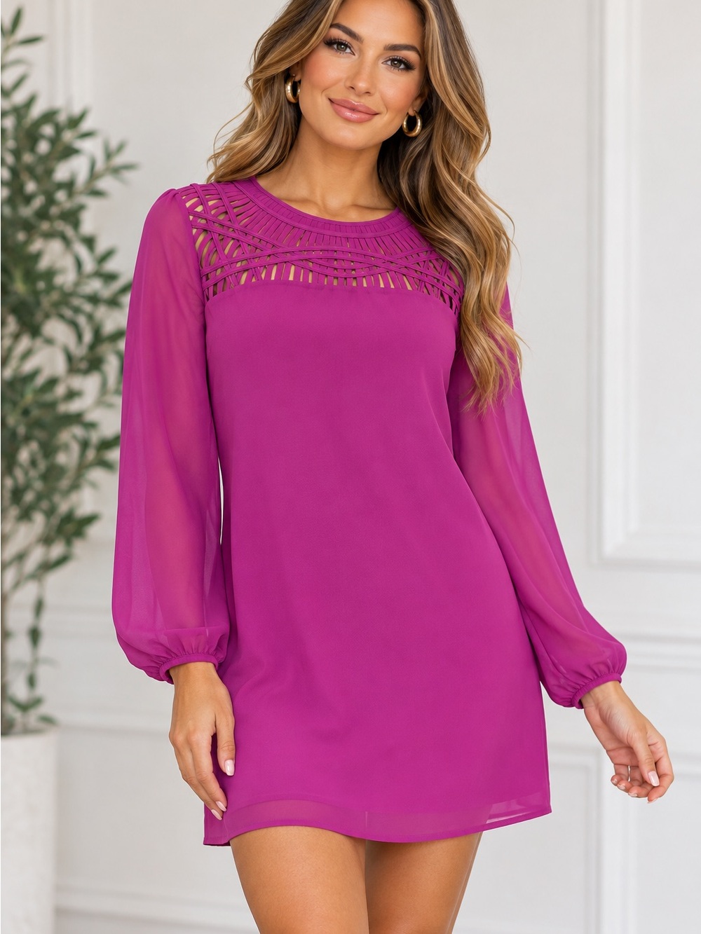 Ted Baker London Magenta Cutout Shift Mini Dress Size 2 Long Sleeve